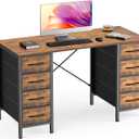DUMOS 47 Inch Computer Desk with 8 Fabric Drawers, Office Gaming Desk with Storage, Writing Study Table with X-Shaped Reinforced Structure, Rustic Brown
