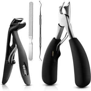 BEZOX Toenail Clipper Kit 4PCS Nail Care Set for Ingrown Toenails  Curved Head Toe Nail Clippers for Seniors for Thick Nails, Thick Fingernail Clippers, Long Nail File & Dual-Ended Lifter - Black (Large)