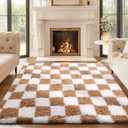 Ophanie Checkered Beige & White Rug for Living Room Bedroom, Fluffy Soft Cute Fuzzy Area Rugs, Shag Plush Shaggy Bedside Floor 4x6 Furry Carpet for Kids Baby Teen Dorm Nursery Home Decor Aesthetic