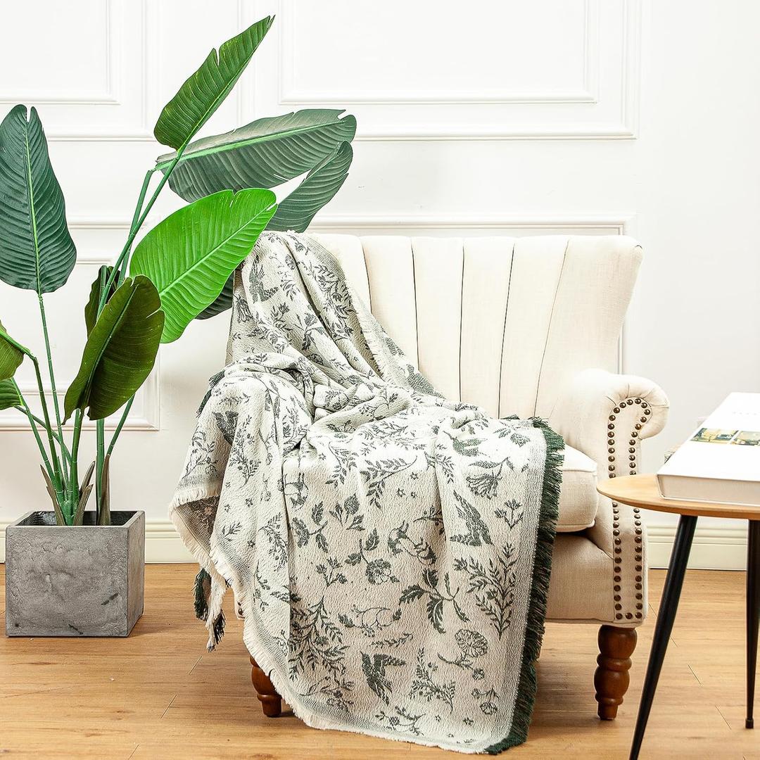 LALIFIT Boho Chic Decorative Throw Blanket Vintage Woodland Floral Bird Design with Tassels Soft Cotton Lightweight & Cozy for Home, Couch, Sofa, Farmhouse 50x60 Inches (Sage Green)