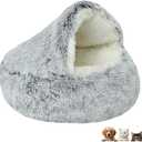 Cat Bed Round Fluffy Hooded Cat Bed Cave, AntiAnxiety Cave Bed with Hooded Blanket, Cozy Cuddler Luxury Puppy Pet Bed, AntiSlip Bottom and Machine Washable (Grey, Large)