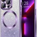 Hython for iPhone 13 Pro Max Case Clear Magnetic Glitter Phone Cases [Compatible with MagSafe] Full Camera Lens Protector Gradient Sparkle Luxury Plating Shockproof Protective Cover, Straight/Purple