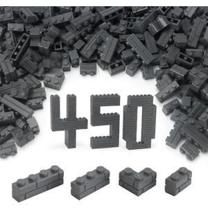 Feleph Masonry Bricks Set 450 Pcs Wall Building Accessories Diverse Creative Construction Bulk Parts and Pieces Blocks Toy Compatible with Classic Major Brands (Dark Gray)