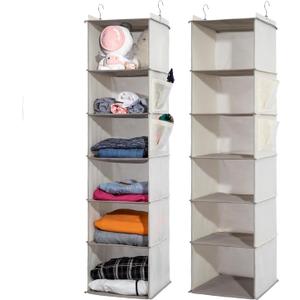 2 Packs Hanging Closet Organizer, 6-Shelf Closet Organizers and Storage with Side Pockets, Collapsible Hanging Shelves for Closet & RV & College Dorm,Beige