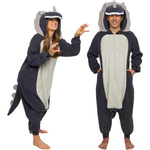 Funziez! Adult Onesie Halloween Costume Animal Dinosaur Shark Unisex Plush One Piece Cosplay Suit for Adults, Men and Women (Large, Triceratops Grey)