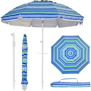 7ft Portable Beach Umbrella Heavy Duty Shade Umbrella, Blue Stripes | UPF 50 UV Protection, Easy Set up with Sand Anchor, Air Vent Tilt Pole Carry Bag Design for Outdoor Patio Pool Beach Garden