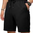 JMIERR Mens Casual 7" Shorts Summer Drawstring Elastic Waist Beach Sweat Shorts Texture with Pockets (Black), Large