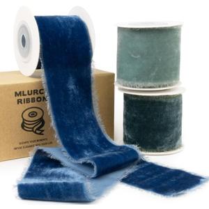 Blue Velvet Ribbon 2 Inch Wide Navy Blue, Dusty Green, Teal Ribbon, Thick, Frayed, Vintage Blue Silk Velvet Ribbons for Christmas, Gift Wrapping, Wedding, Invitations, Bridal Bouquet