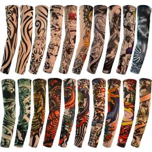 HOVEOX 20pcs Temporary Tattoo Arm Sleeves Arts Fake Slip on Arm Sunscreen Sleeves Body Art Stockings Protector -Designs Tribal, Tiger, Dragon, Skull, and Etc Unisex Stretchable Cosplay Accessories