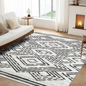 Syalife Boho Area Rug, Non Shedding 6x9 Washable Rug with Non Slip Backing, White and Black Modern Geometric Carpet, Indoor Bohemian Thin Mat for Living Room Entryway Bedroom Kitchen - White, Black