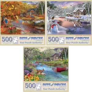 Bits and Pieces  Value Set of Three Jigsaw Puzzles for Adults  Autumn, Winter & Spring Cabin  500 Pieces 18" x 24", (Three 500 Piece Jigsaw Puzzles)