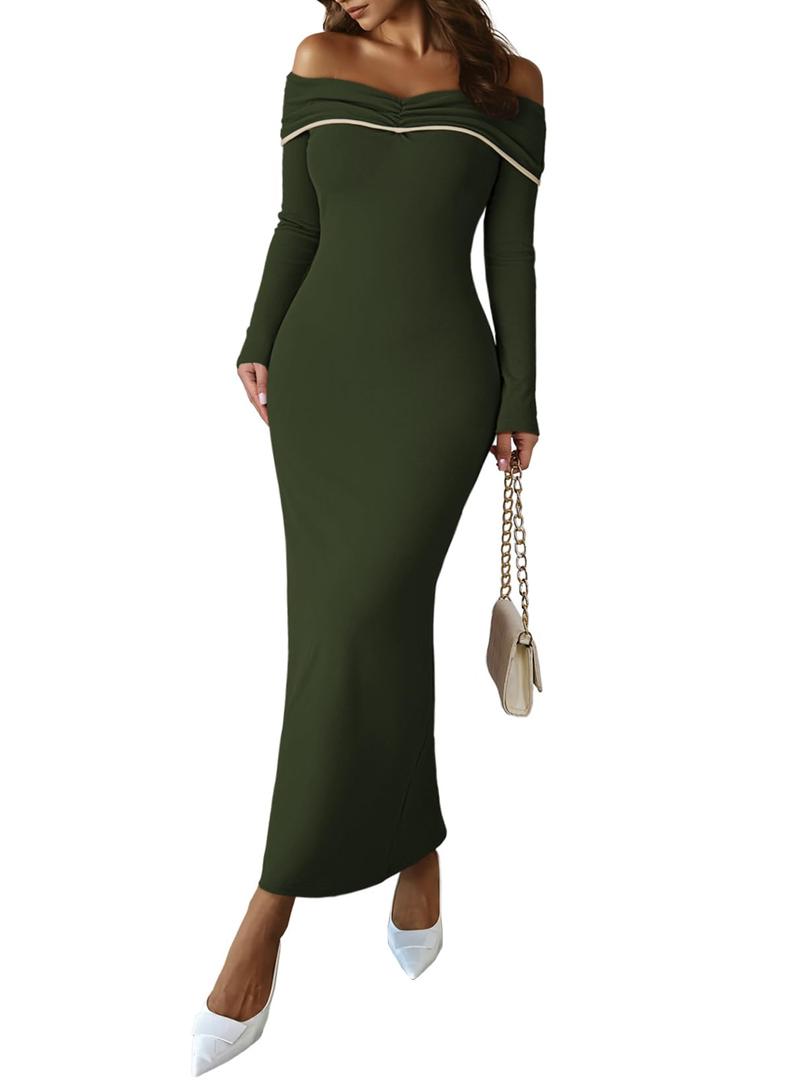 HUUSA Womens Off The Shoulder Dress Casual Knit Long Sleeve Bodycon 2025 Fall Party Mini Dresses Blackish Green L 
