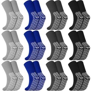 Foaincore 12 Pairs Non Slip Hospital Socks with Grips for Men Women Single Tread Slipper Socks for Seniors Patients (3X-Large, Dark Color)