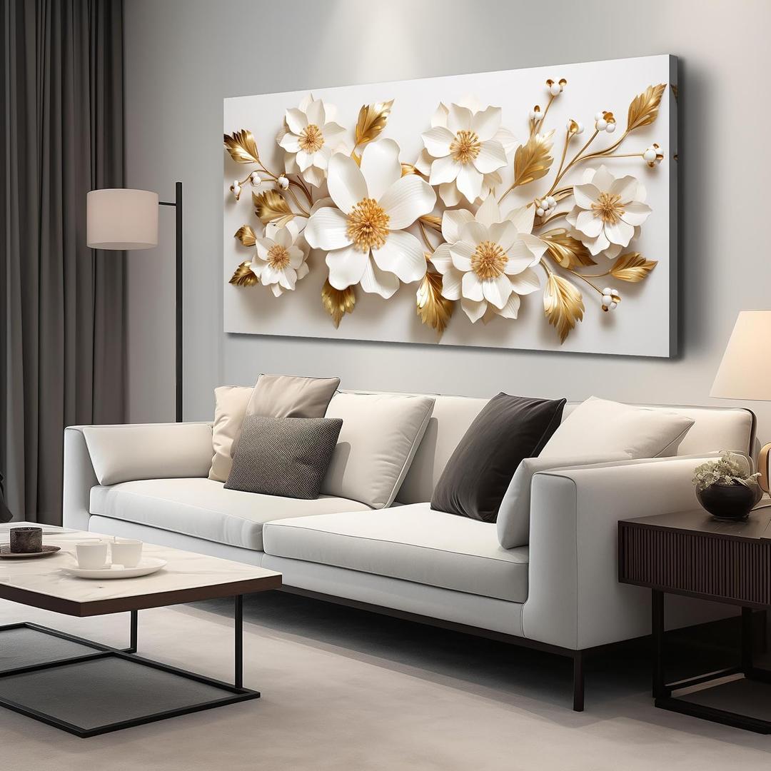 JuhaiArt Large Floral Wall Decor 3D Flower White Wall Art Elegant Gold Canvas Decor for Bedroom Living Room Office Picture Artwork 29" x 59"
