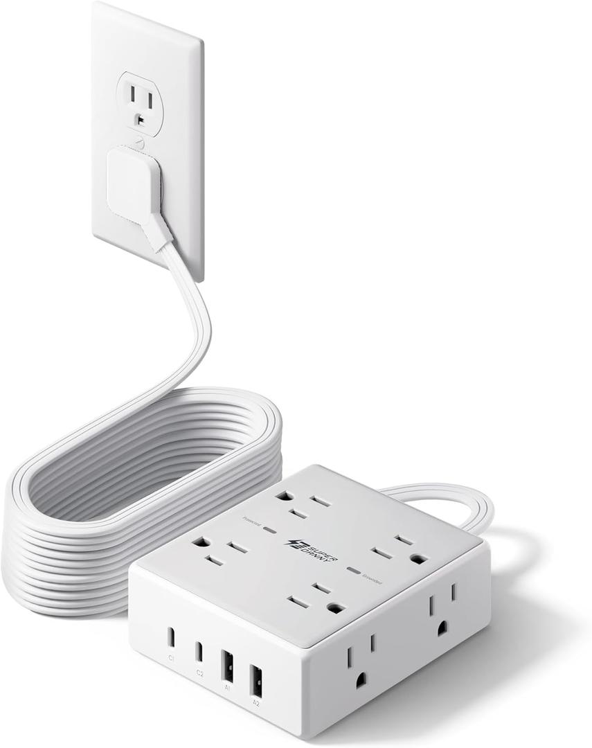 15Ft Long Extension Cord, Surge Protector Power Strip with 8 Outlets & 4 USB Ports (2 USB C), Flat Plug Power Strip Wall Mountable, Desk Charging Station for Home Office, College Dorm Room Essentials (White)