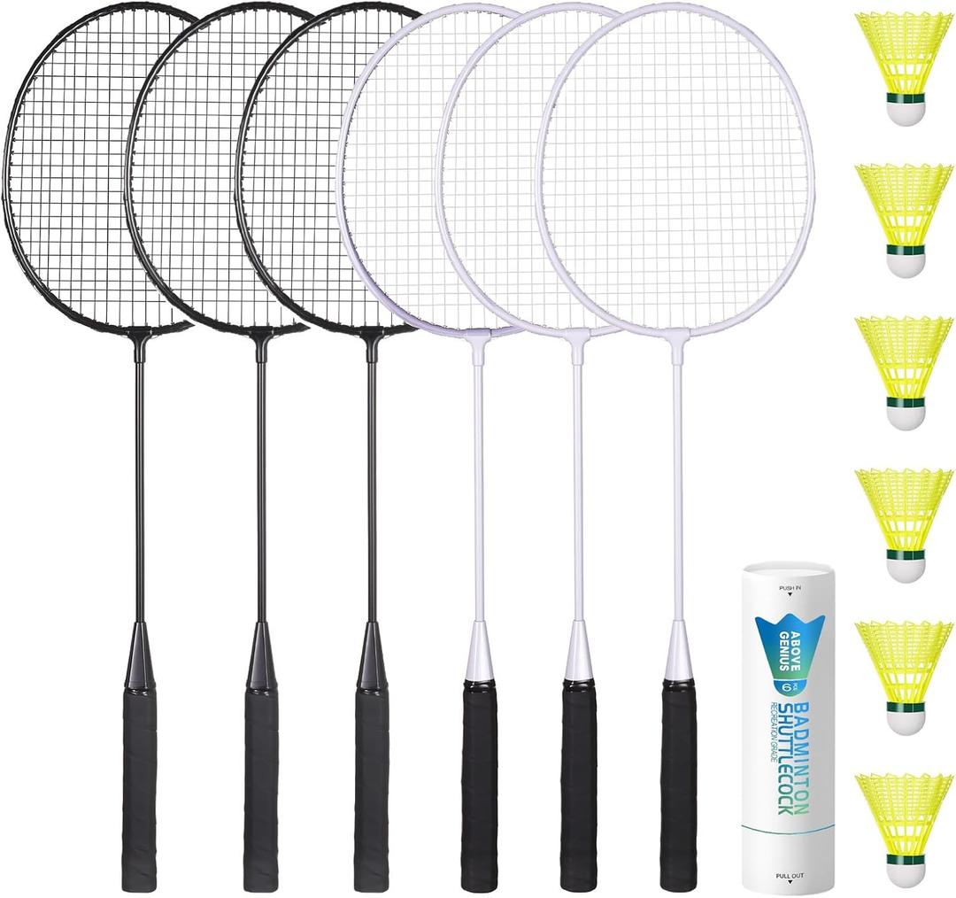 AboveGenius Badminton Rackets Set of 6 for Outdoor Backyard Games, Including 6 Rackets, 6 Nylon Badminton Shuttlecocks, Lightweight Badminton Racquets for Beginners