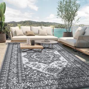 StarlightStroll Outdoor Plastic Straw Rug Waterproof 9x12 Outdoor Patio Rug Vintage Reversible Mats Rug for Outdoors, RV, Backyard, Deck, Picnic, Beach, Trailer, Camping, Vintage|Grey&White