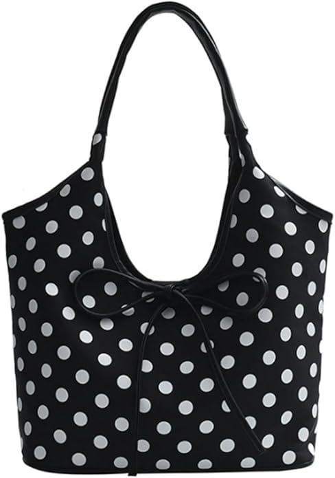 Polka Dot Purse for Women 2025 Large Capacity Tote Handbag Retro Bow Crescent Shoulder Bag Travel Causal Nylon Underarm Purse