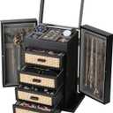 Jewelry Organizer, Rattan Jewelry Box, 5 Layer Wooden Jewelry Organizer Box with Mirror, Jewelry Boxes with 4 Drawers for Women Men, Black Jewelry Storage for Rings Earrings Necklaces Bracelets Watch