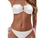 YACUN Women's 2 Piece Strapless Bandeau Bikini Set U-Wire Cheeky Bathing Suit Lace up Swimsuits (L, White)