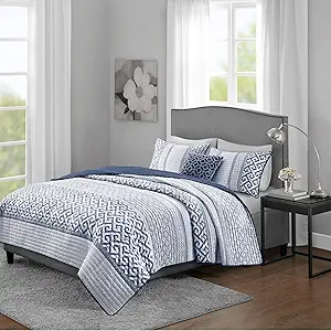 Lush Decor Lillian Block Print Reversible Quilt 6 Piece Set King/Cal King Blue & Sage - Floral Bedding Set with Pillows - Block Print Quilt - Vintage Decor (King/Cal King)