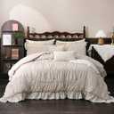 Herside Beige Comforter Set Queen Size,Ruched Neutral Boho Bedding 9-Piece Bed-in-a-Bag Fluffy Farmhouse Ruffle Bedding Set with Comforter, Flat Sheet, Fitted Sheet, Pillow Shams, Pillowcases | Ruched Ruffle