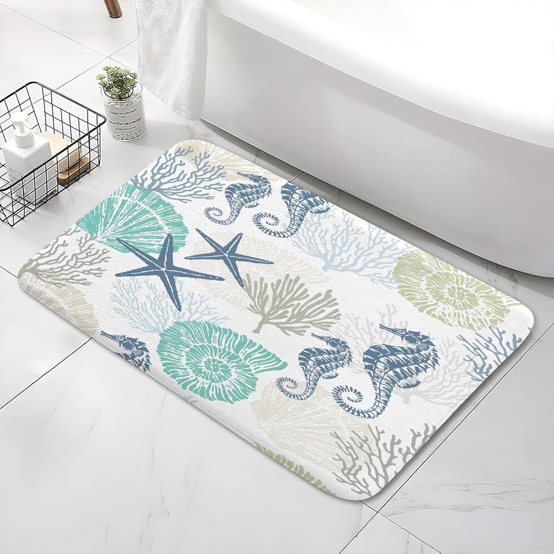 Beach Bathroom Rugs, Coral Ocean Themed Bath Mats for Bathroom, Tropical Starfish Seahorse Conch Bath Mats Rugs 17X29in