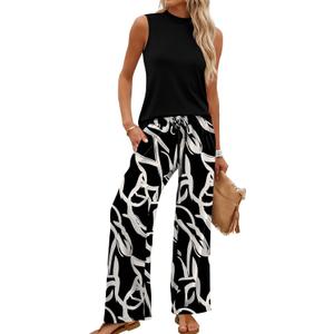 WIHOLL Two Piece Set for Women Summer Spring Outfits Cruise Travel Airport Beach Vacation Mock Neck Wide Leg Pants Set (Black, XL)