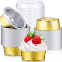 Eaasty 150 Count Baking Cups with Lids, 1.6 oz Muffin Cupcake Liners Aluminum Foil Mini Cake Pans Small Disposable Ramekins Flan Containers with Lids for Christmas, Birthday, Various Holiday(Gold)