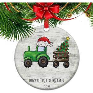 2025 Baby's First Christmas Ceramic Ornament, Keepsake Infant Memory Xmas Tree iday Decor Baby Milestone, Green Tractor (C22)