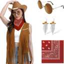 FunMular Western Outfit for Women Cowgirl Outfit Costume Accessories Cowboy Hat Fringe Vest Earring Bandana for Halloween (X-Large, Khaki)