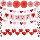 Valentine’s Day Decorations Set – LOVE Banner, 2 XO Garlands, 2 Heart Garlands, 10 Hanging Swirl Hearts & 6 Paper Fans, Red Pink White Valentine Party Decor