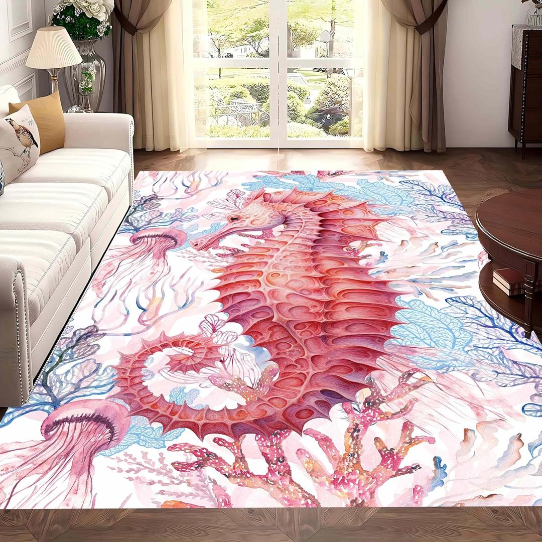Ocean Area Rug, 3x5ft Cartoon Pink Jellyfish Seahorse Print Non-Slip Rugs, Coral Seagrass Children's Room Washable Carpet, for Dormitory Office Playroom Kids Room Carpets