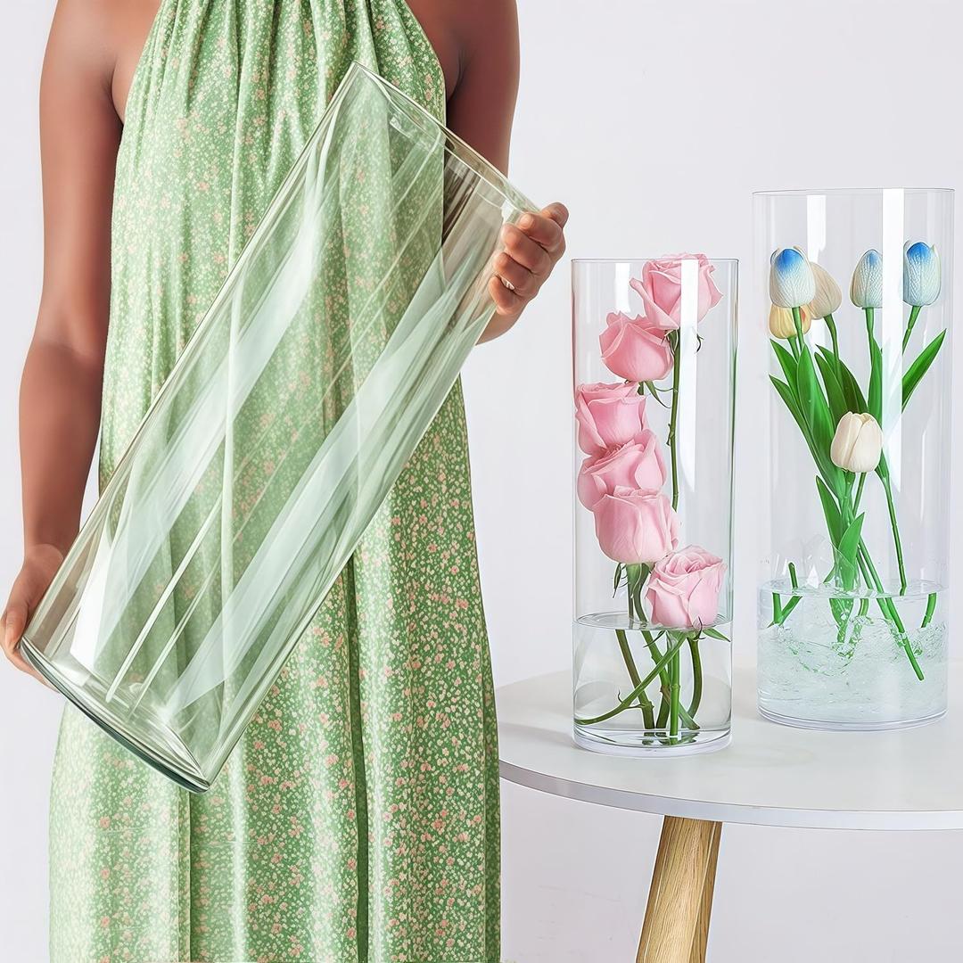 Extra Large Acrylic Cylinder Clear Vase for Floor, Tall Big Wide Mouth Plastic Unbreakable Hurricane Flower Vases of 3 for Home Decor (D 8" X H 19.7", D 6", D 4.8" + 2 Holder),D 8" X H 19.7" Clear