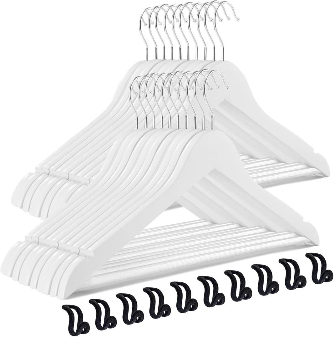 TECHMILLY 20 Pack Solid Wooden Suit Hangers, Heavy Duty Coat Hangers for Closet, Smooth Finish Clothes Hangers with 360 Swivel Hook & Non Slip Pant Bar & Cut Notches for Shirt, White