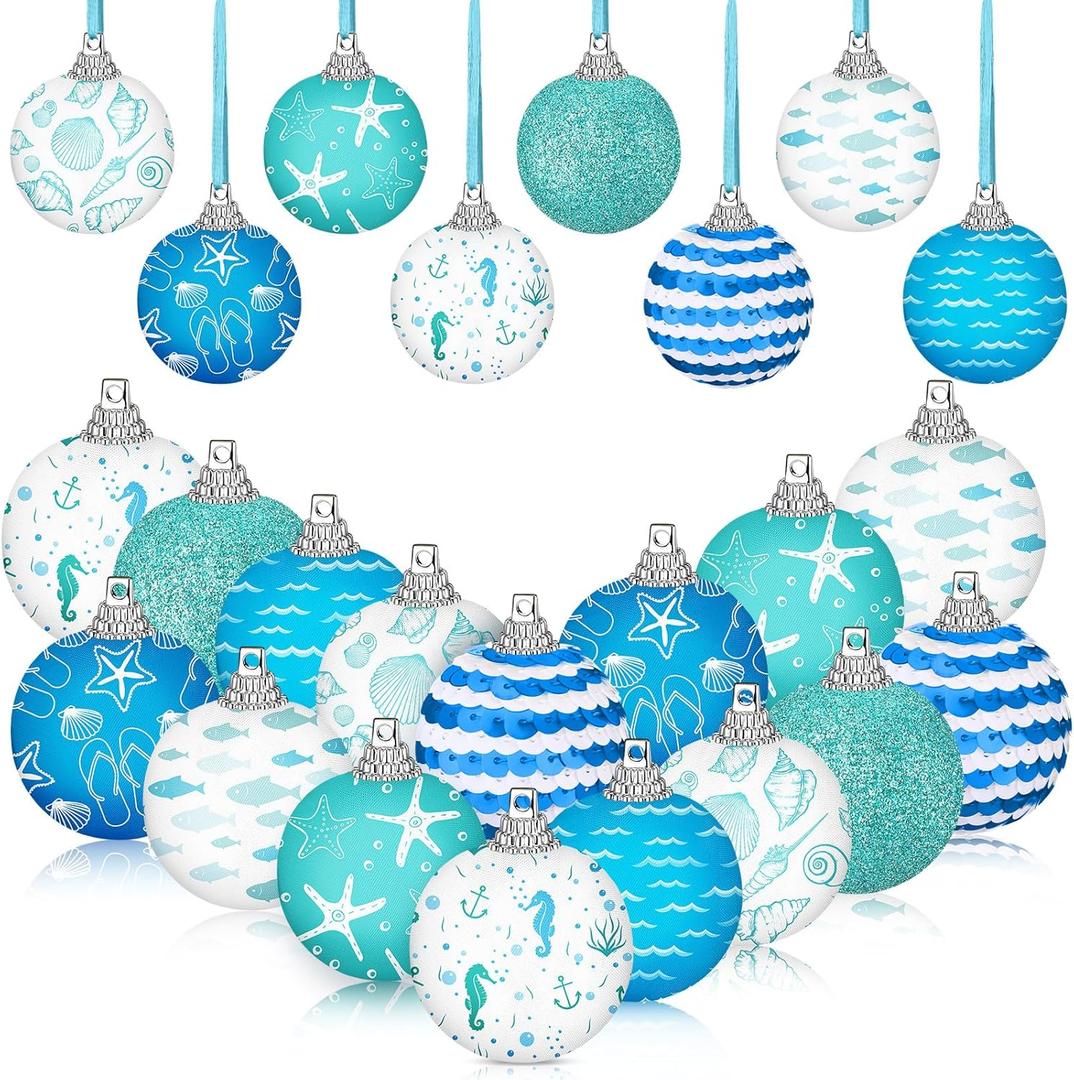 16 Pcs Christmas Tree Ornament 1.57 Inch Winter Sea Ornaments Coastal Starfish Waves Ball Ornaments Christmas Beach Tree Ornament for Xmas Winter Party Supplies (Ocean)