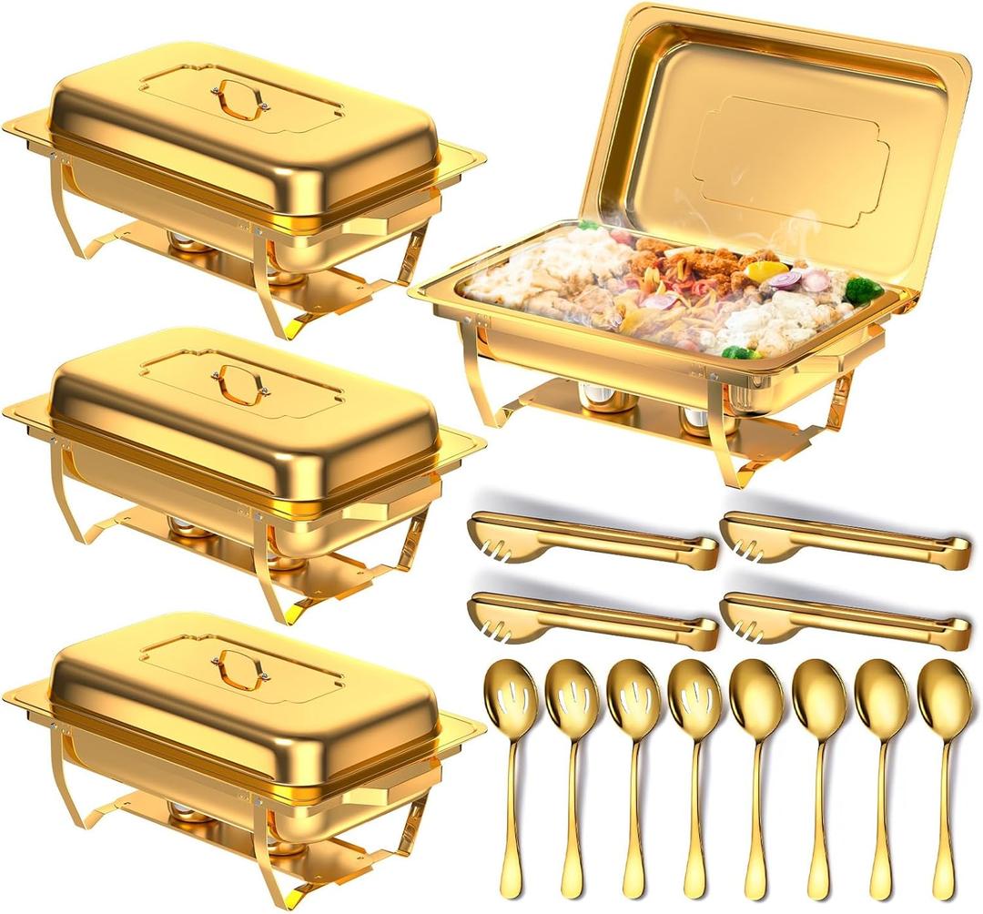 Chafing Dishes for Buffet, 8 Qt High Grade Chafing Dish Buffet Set, Rolled-Edge Design Food Warmers for Parties, Buffet, Wedding, Birthday, Camping 4 Pack 4 Pans [Gold]
