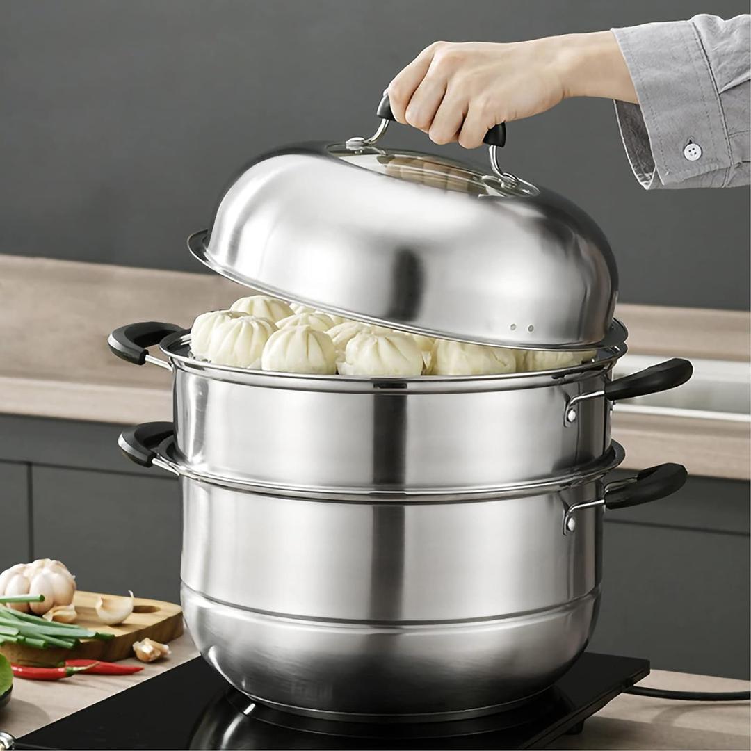 MANO Steamer Pot for Cooking 12.6 inch Steam Pots with Lid 2-tier Stainless Steel Steaming Pot Multipurpose Cookware with Handle for Vegetable, Dumpling, Stock, Sauce, Food