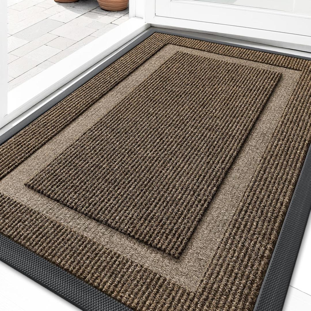 OLANLY Front Door Mat Indoor Outdoor Entrance, Waterproof All-Season, All-Weather Doormat, Sturdy Natural Rubber, Fade Resistant, Low Profile, Easy Clean Patio Porch Entryway Mat, 29.5x17, Brown