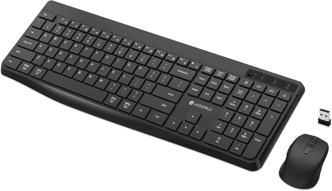 Wireless Keyboard and Mouse Combo,KOORUI 2.4G/Bluetooth Silent Full Size Ergonomic Keyboard with 12 Shortcut Keys & 5 DPI Mouse,Cordless,Battery Included,Compatible for Laptop/PC/Windows/Mac (black)