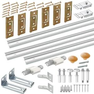 Bifold Door Hardware with Track, Bi-fold Closet Door Hardware Repair Tool Kit, Included Top Guide Wheels, Top Pivot, Bottom Pivot, Spring, Metal Pivot Pin and Steel Track (48 inch)