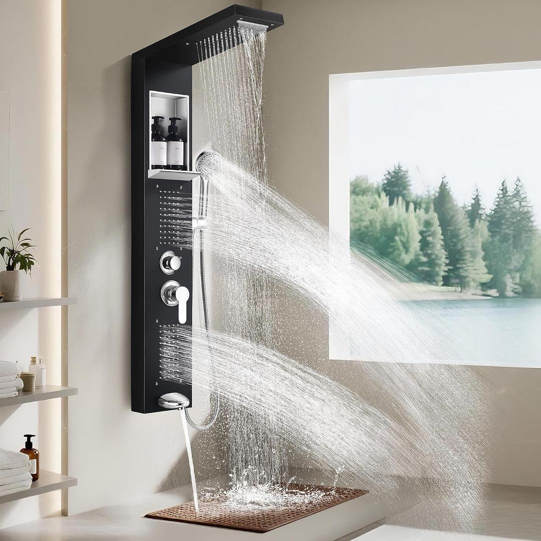 Shower Panel Tower System with Handheld Sprayer, Body Jets and Shelf | Rainfall and waterfall shower tower with tub spout, 5-setting handheld sprayer, body jets, shelf, and independent controls
