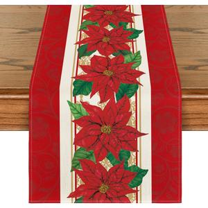 Artoid Mode Watercolor Poinsettia Red Christmas Table Runner, Seasonal Winter Xmas Holiday Kitchen Dining Table Decoration for Indoor Outdoor Home Party Decor 13 x 108 Inch