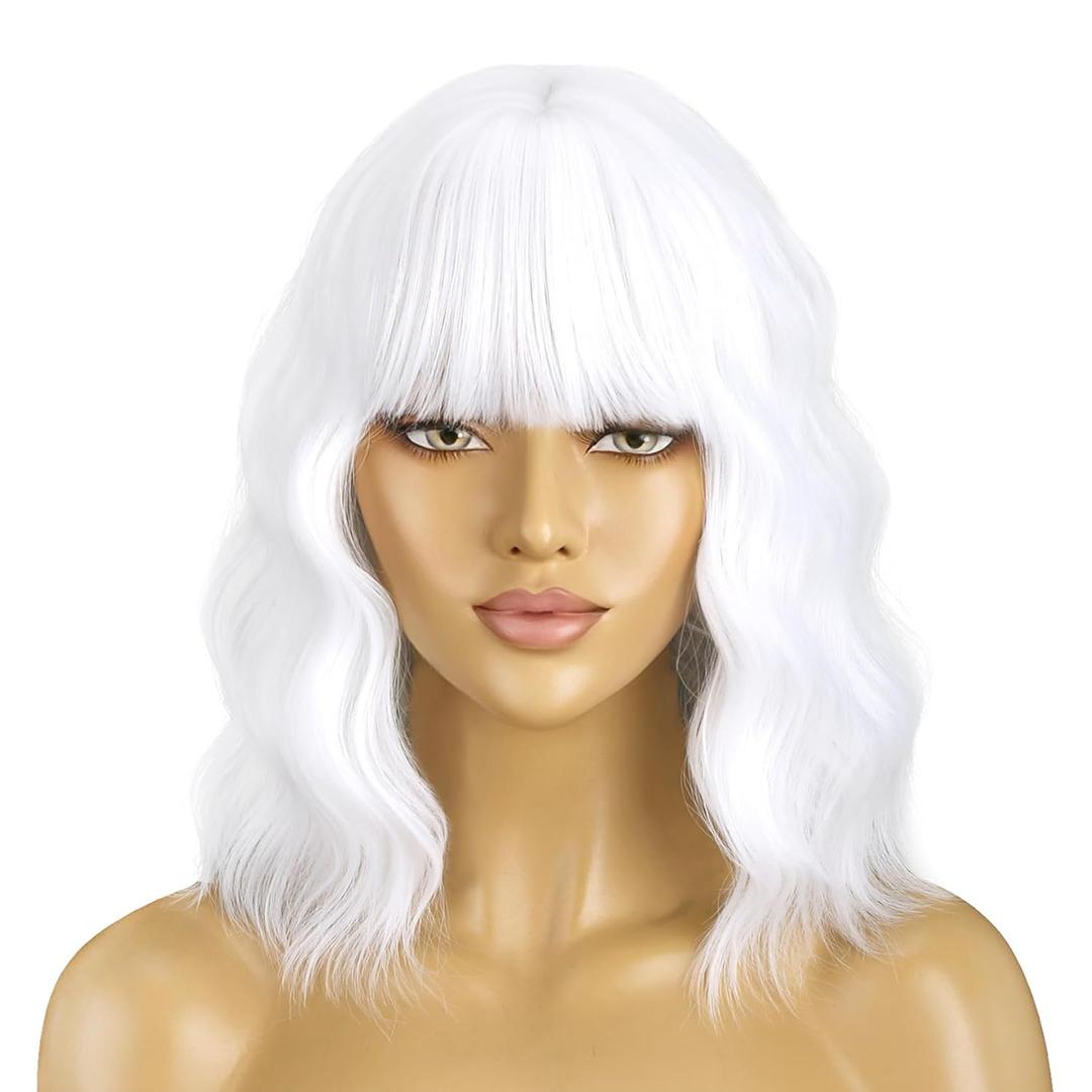 BERON 14 Inches White Wig with Bangs Short Curly White Wigs for Women Daily Party Hairnet Include