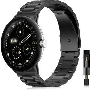 Metal Watch Bands Compatible with Google Pixel Watch 4 45mm / Google Pixel Watch 3 45mm, Stainless Steel Wristband Polished Brushed Replacement Strap for Women and Men (Black)
