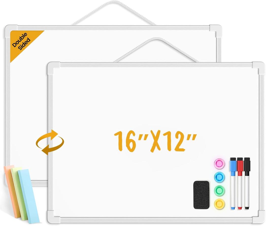 Small Dry Erase Board for Wall, 16" x 12" Double-sided Hanging Whiteboard, Dry Erase White Board with 3 Markers, 4 Magnets and 3 Mini Sticky Notes, Portable Whiteboard for Home, Office, School