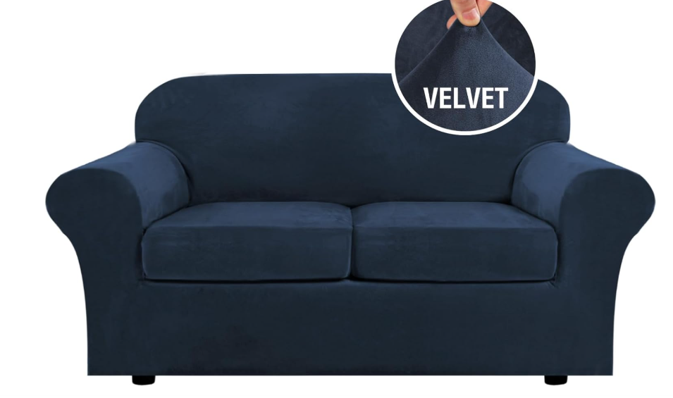 H.VERSAILTEX Real Velvet Plush 3 Piece Stretch Sofa Covers Couch Covers for 2 Cushion Couch Loveseat Covers Width Up to 72 Inch Thick Soft Stay in Place (Medium Sofa, navy)
