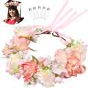 Zeyune Pink Flower Crown Graduation Hat Decoration Adjustable Flower Headbands with Ribbon Artificial Ladies Garland Floral Headpiece for Women Graduation Birthday Wedding Party Photography Props