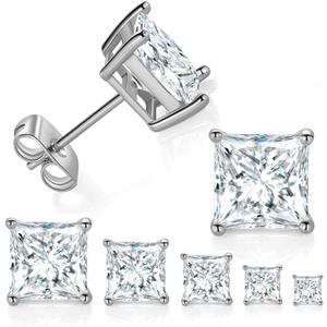 5 Pairs 14K Gold Plated Princess Cut Clear Cubic Zirconia Stud Earring Set for Women Men