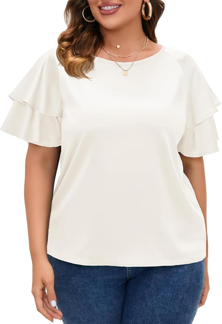 ZOMVA Women's 2024 Plus Size Satin Blouse Short Ruffle Sleeves Silk Top Dressy Shirt Office Elegant (5X, Pearl White)